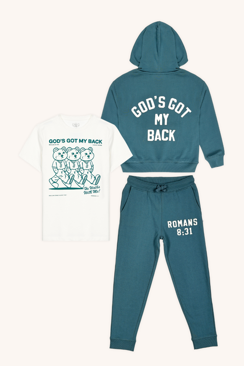 God's Got My Back Teal Hoodie, Jogger and T-Shirt Set
