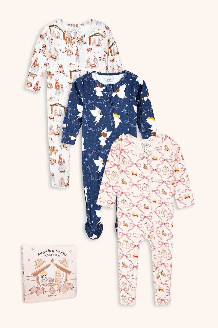 Baby Girls Christmas PJ Bundle | Cotton & Bamboo Onesies + Board Book