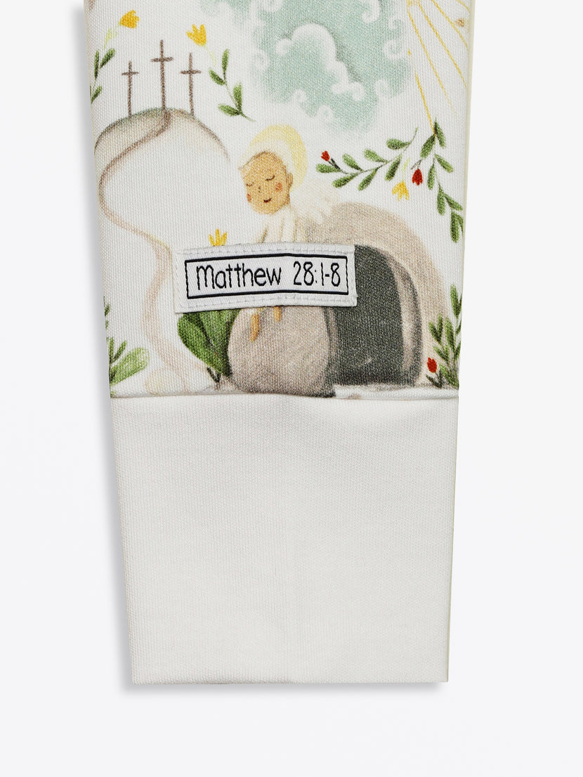 He Is Risen PJ Footed Onesie Cotton