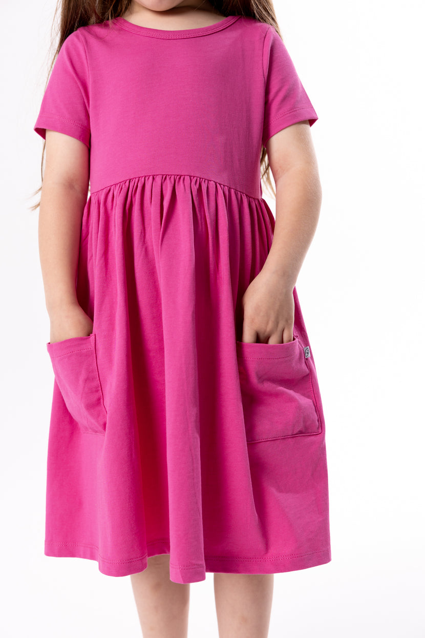 Kids Fuchsia Prayer Pocket Twirl Dress | Short Sleeve