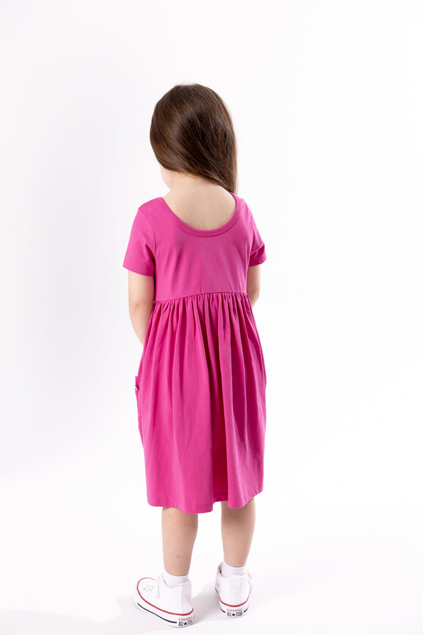 Kids Fuchsia Prayer Pocket Twirl Dress | Short Sleeve