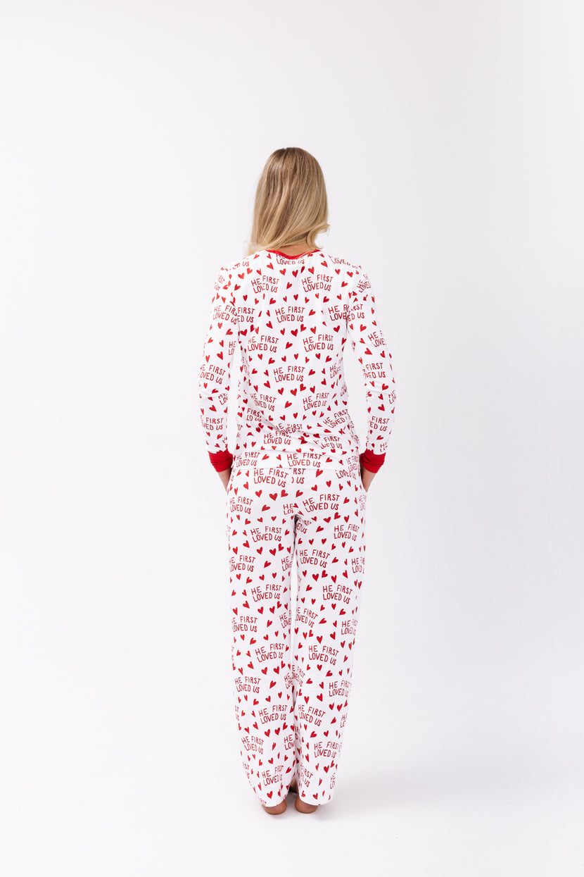 He First Loved Us Red Women's PJ Relaxed Set Cotton