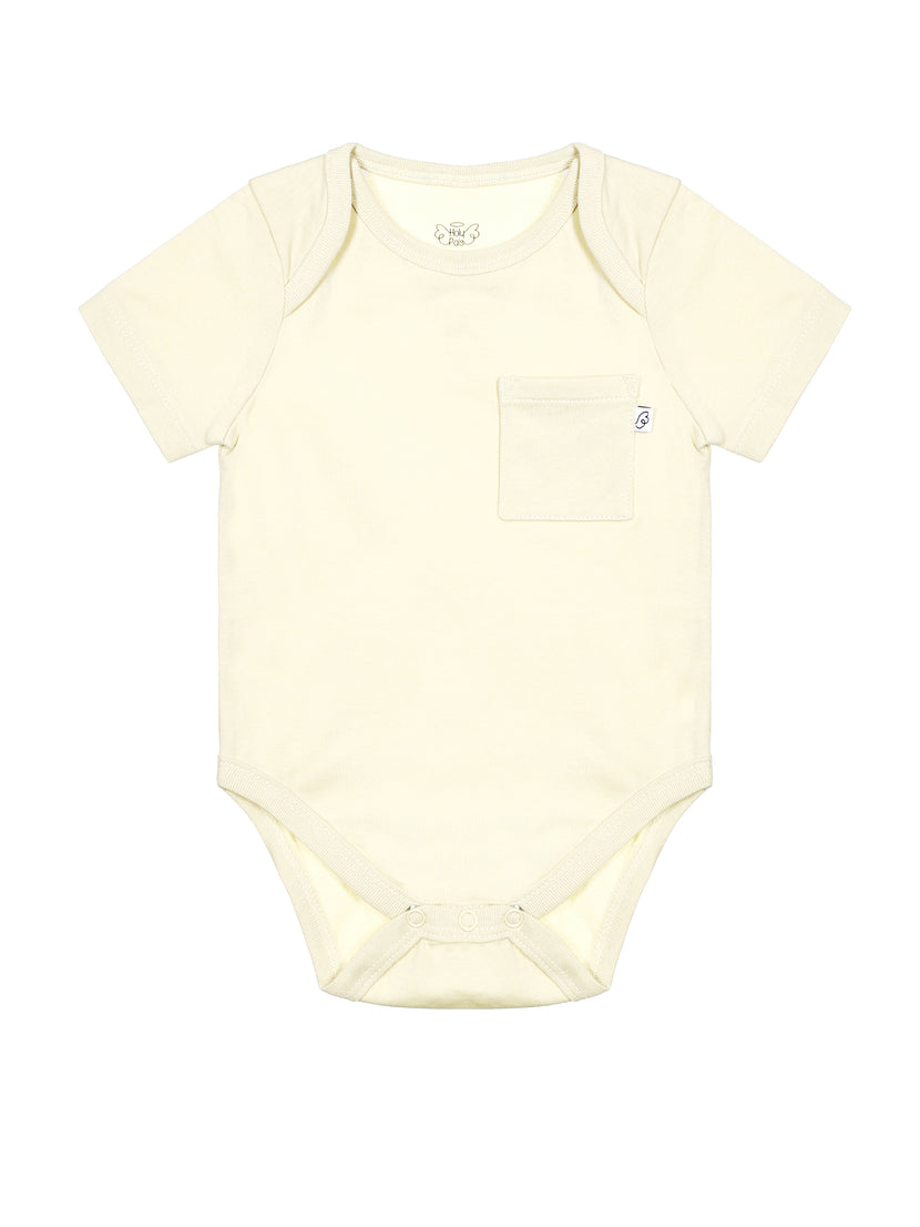 Baby Solid Beige Prayer Pocket Bodysuit Cotton | Short Sleeve