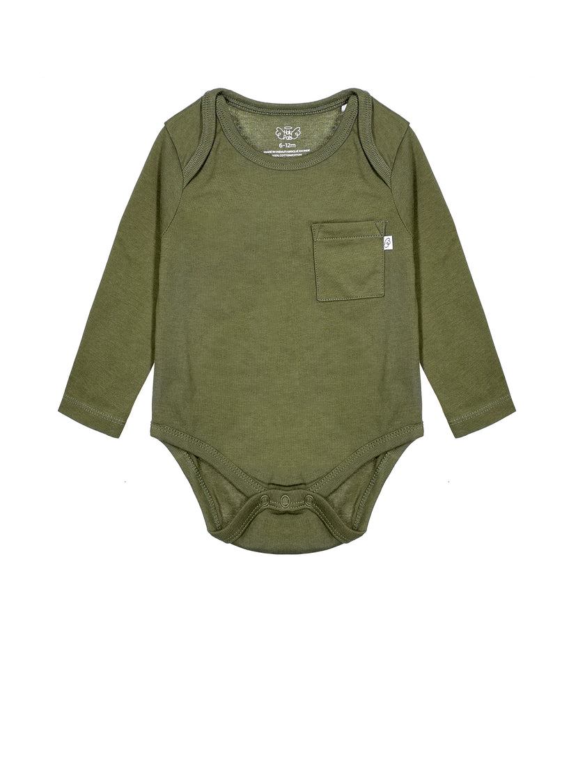 Baby Solid Olive Prayer Pocket Bodysuit Cotton | Long Sleeve