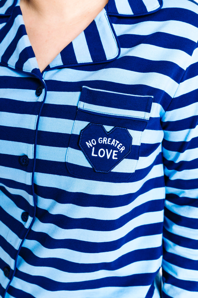 No Greater Love Blue Womens PJ Notch Collar Set Cotton