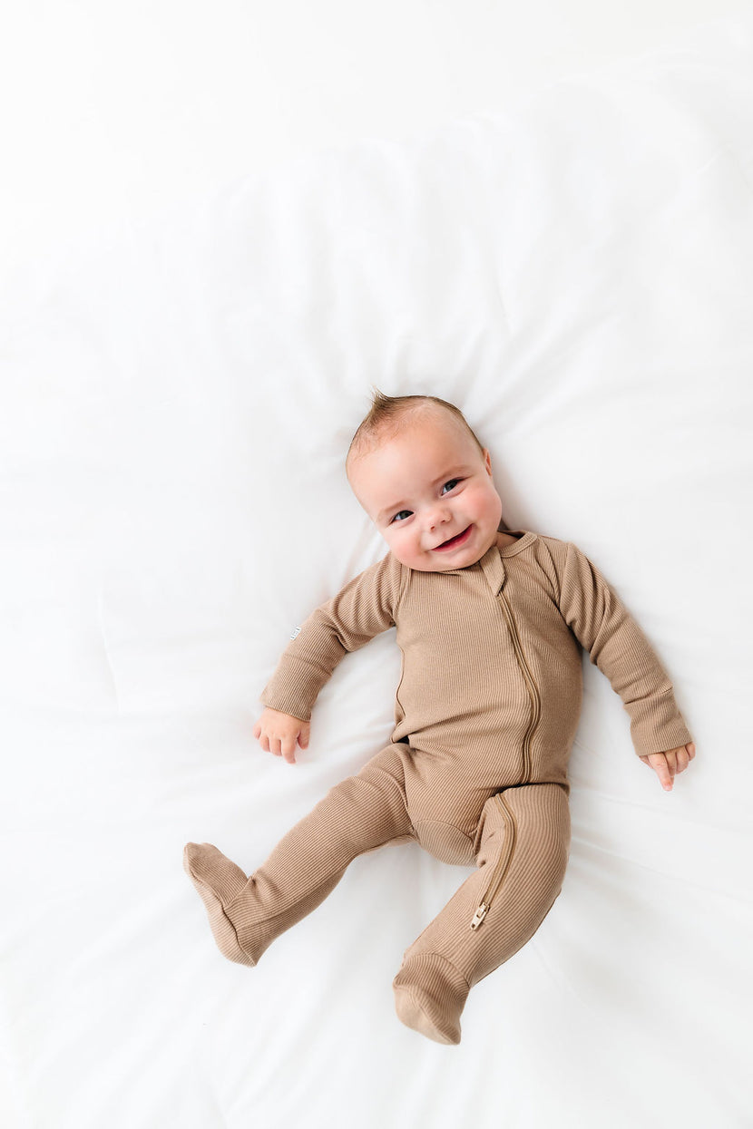 God's Got My Back Beige PJ Footed Onesie Ribbed Cotton-Bamboo Blend