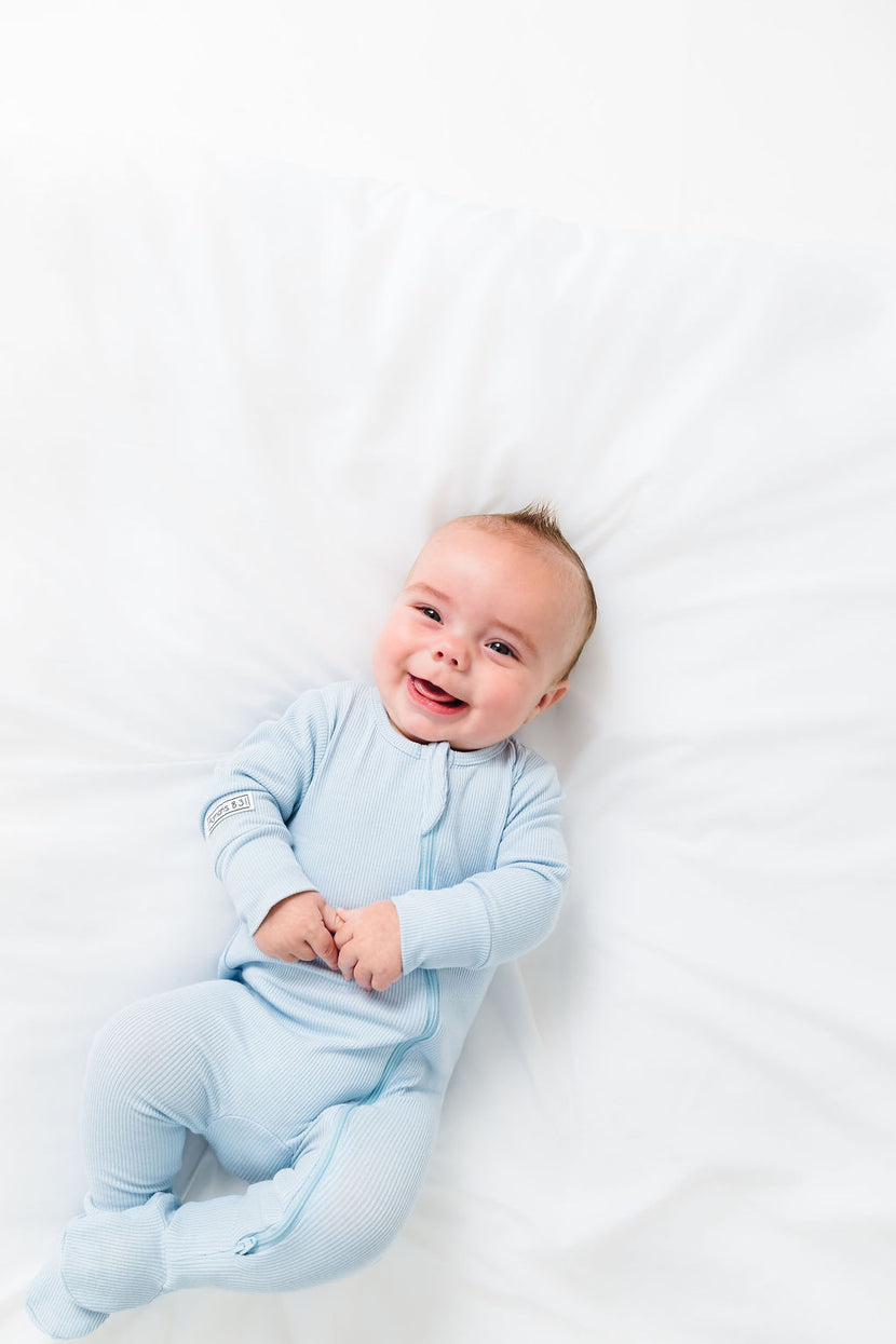 God's Got My Back Blue PJ Footed Onesie Ribbed Cotton-Bamboo Blend