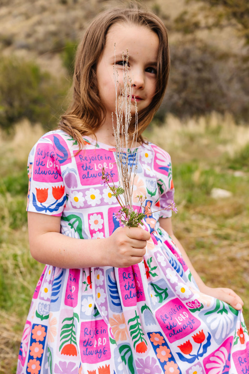 Kids Rejoice in the Lord Floral Twirl Dress Cotton | Short Sleeve