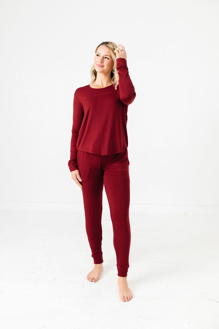 The Lord is My Strength Red PJ Womens Long Sleeve Jogger Set Bamboo