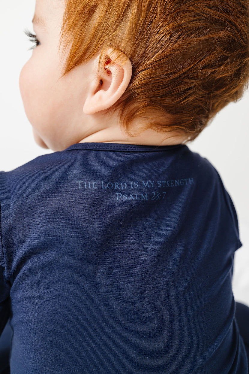 The Lord is My Strength Navy PJ Footless Onesie Bamboo