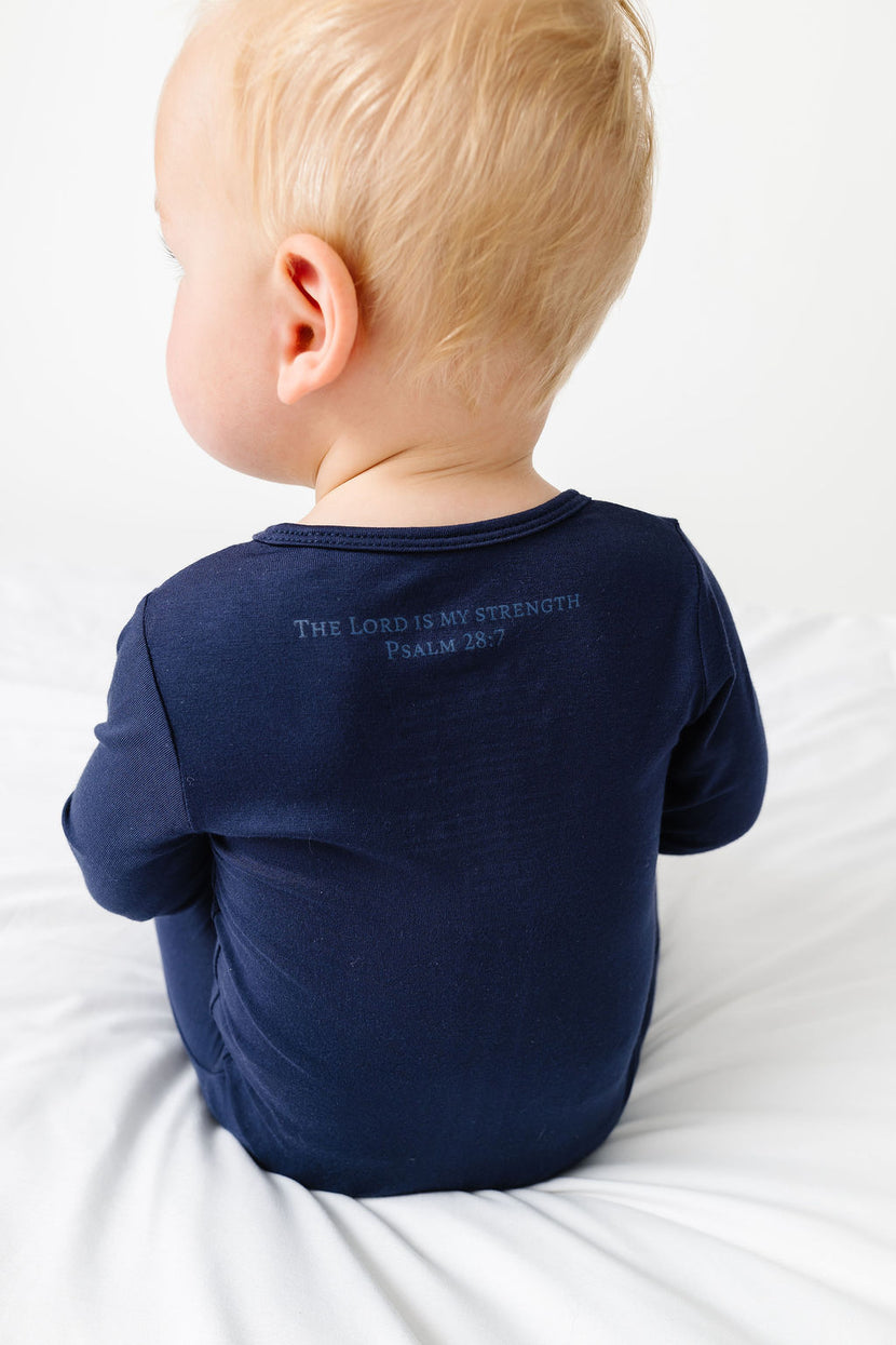 The Lord is My Strength Navy PJ Footed Onesie Bamboo