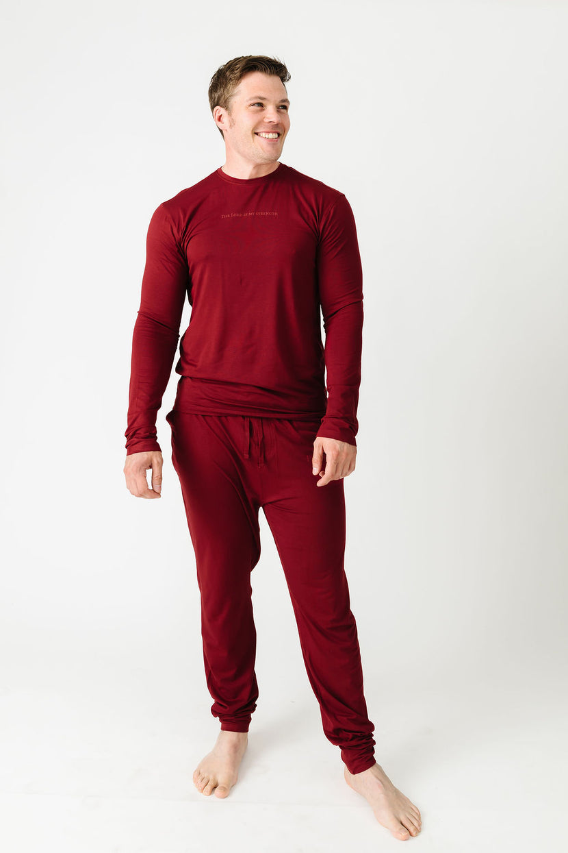 The Lord is My Strength Red PJ Mens Long Sleeve Jogger Set Bamboo