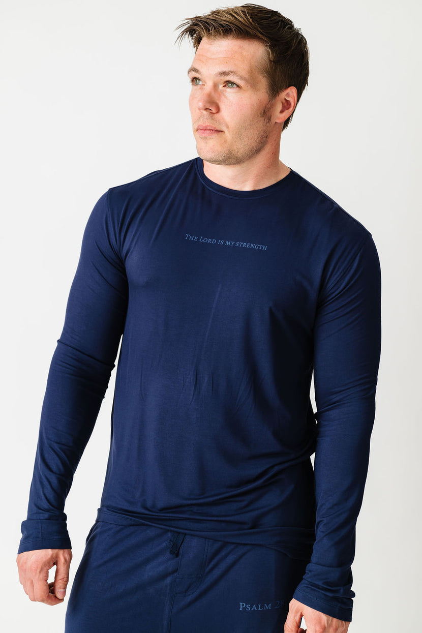 The Lord is My Strength Navy PJ Mens Long Sleeve Jogger Set Bamboo