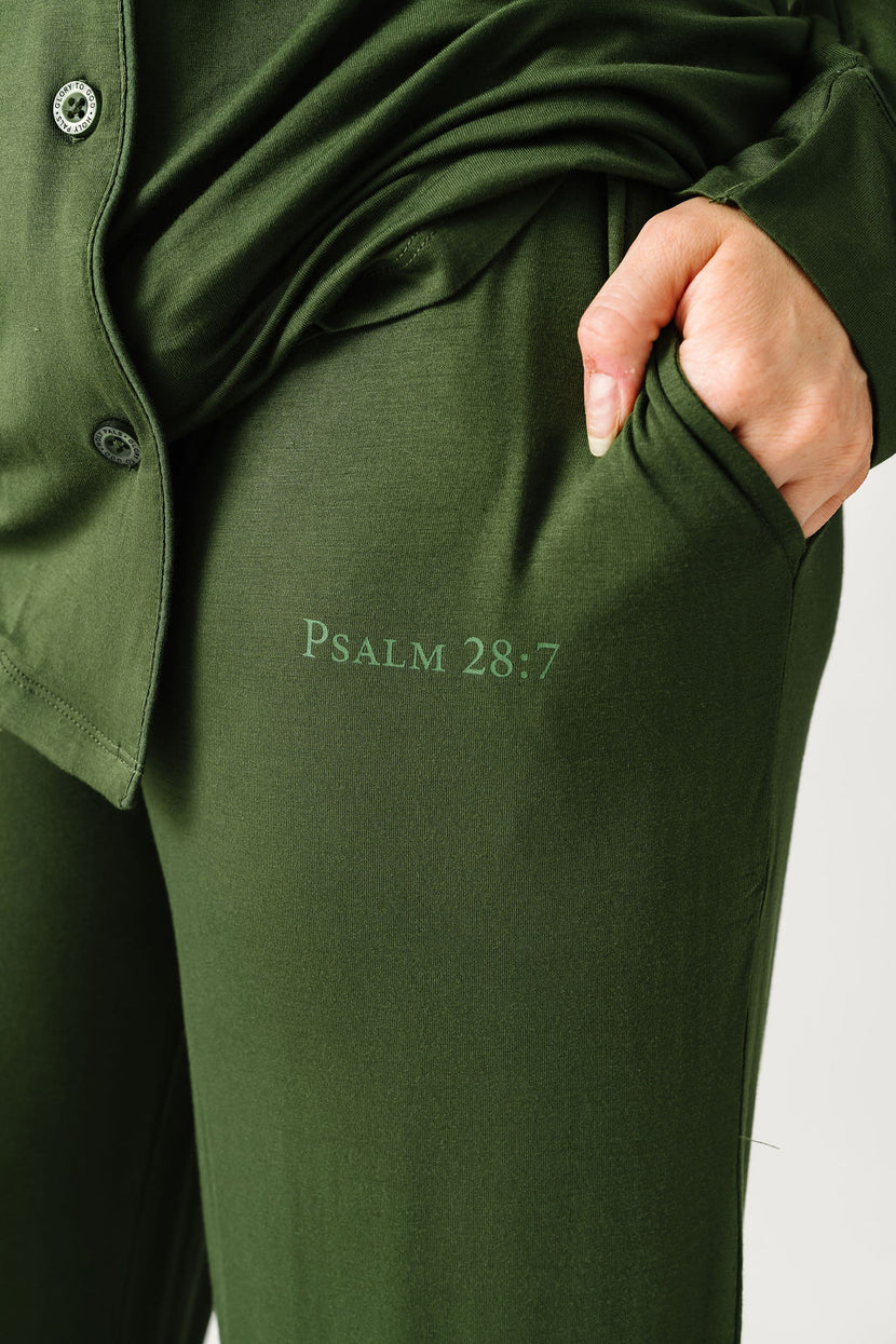 The Lord is My Strength Green PJ Womens Notch Collar Set Bamboo