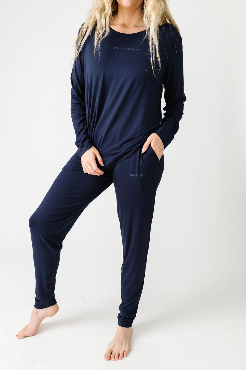 The Lord is My Strength Navy PJ Womens Long Sleeve Jogger Set Bamboo