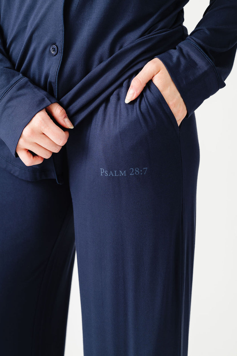 The Lord is My Strength Navy PJ Womens Notch Collar Set Bamboo