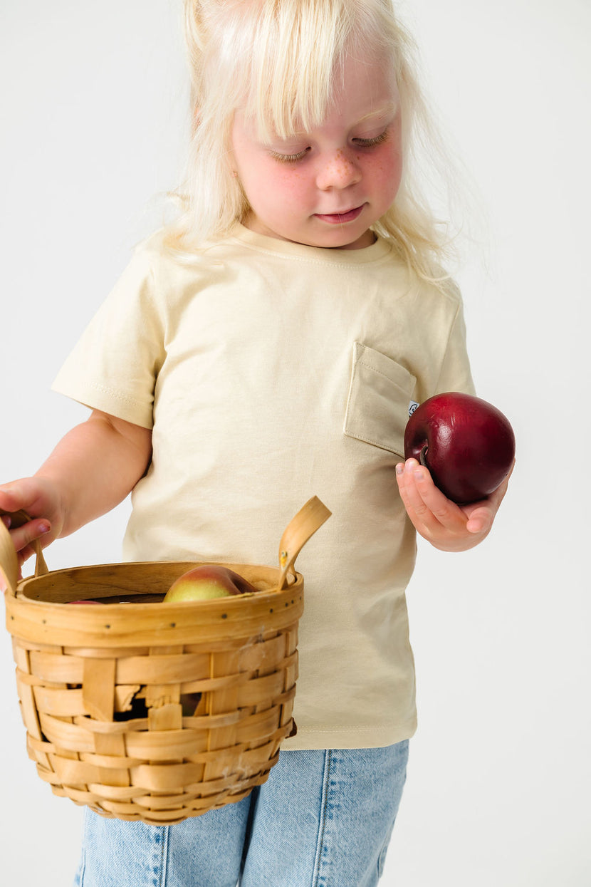 Kids Solid Beige Prayer Pocket T-Shirt Cotton | Short Sleeve