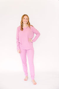 Solid Mauve Womens PJ Jogger Set Ribbed Cotton/Bamboo Blend