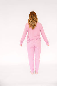 Solid Mauve Womens PJ Jogger Set Ribbed Cotton/Bamboo Blend
