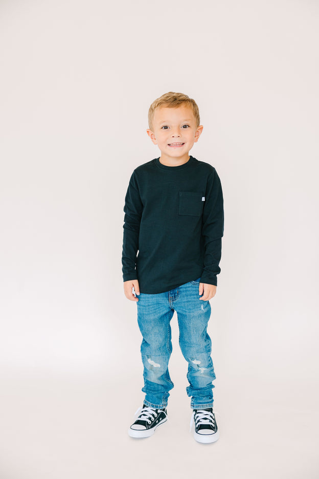 Kids Black Prayer Pocket T-Shirt | Long Sleeve
