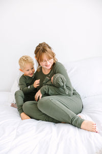 Solid Olive Womens PJ Jogger Set Ribbed Cotton/Bamboo Blend