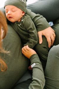 Solid Olive PJ Footed Onesie Ribbed Cotton/Bamboo Blend