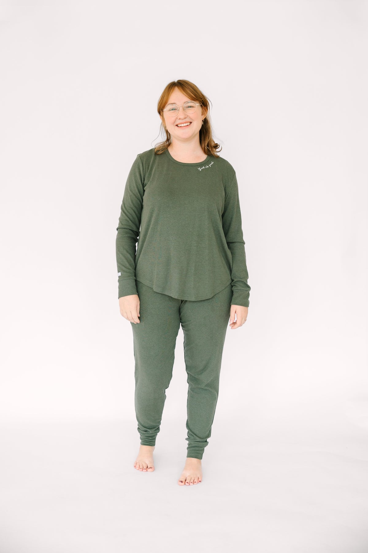 Solid Olive Womens PJ Jogger Set Ribbed Cotton/Bamboo Blend