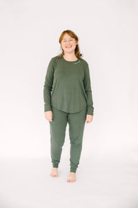 Solid Olive Womens PJ Jogger Set Ribbed Cotton/Bamboo Blend
