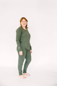 Solid Olive Womens PJ Jogger Set Ribbed Cotton/Bamboo Blend