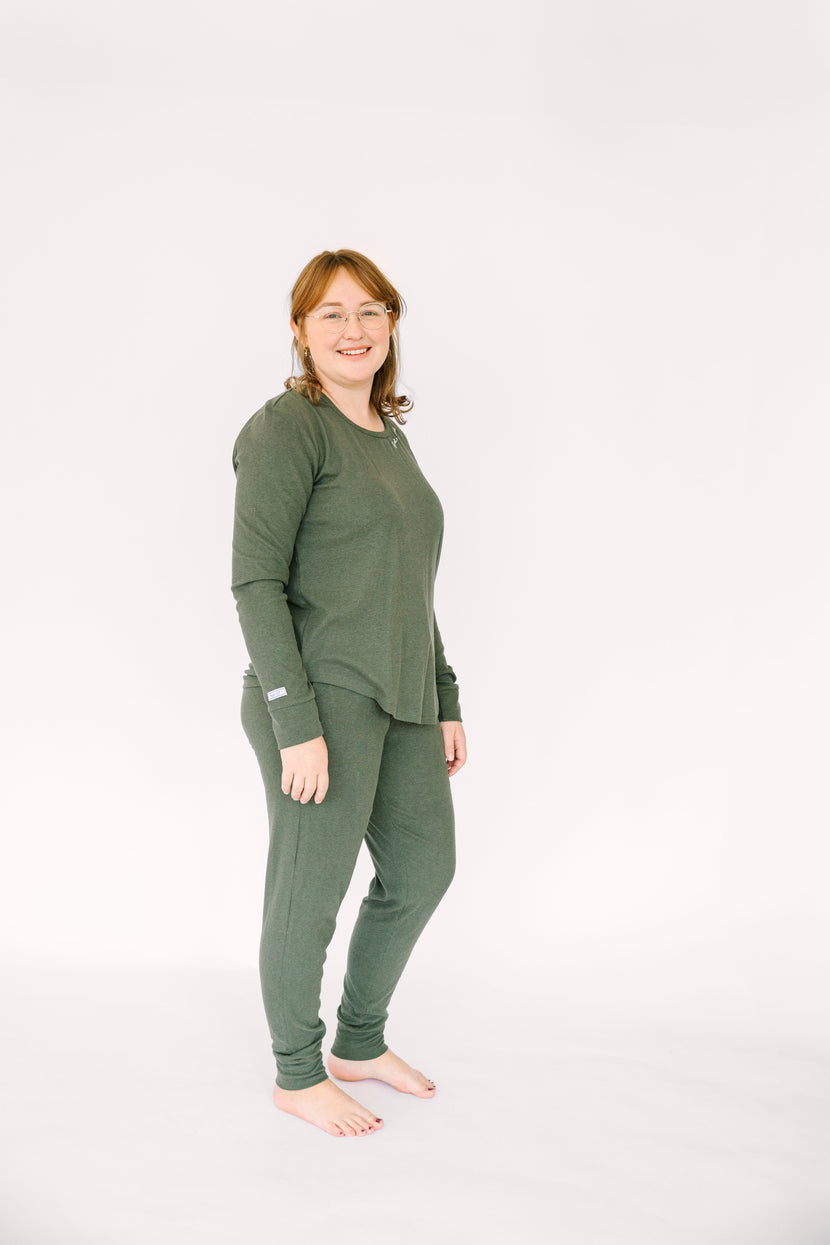 Solid Olive Womens PJ Jogger Set Ribbed Cotton-Bamboo Blend