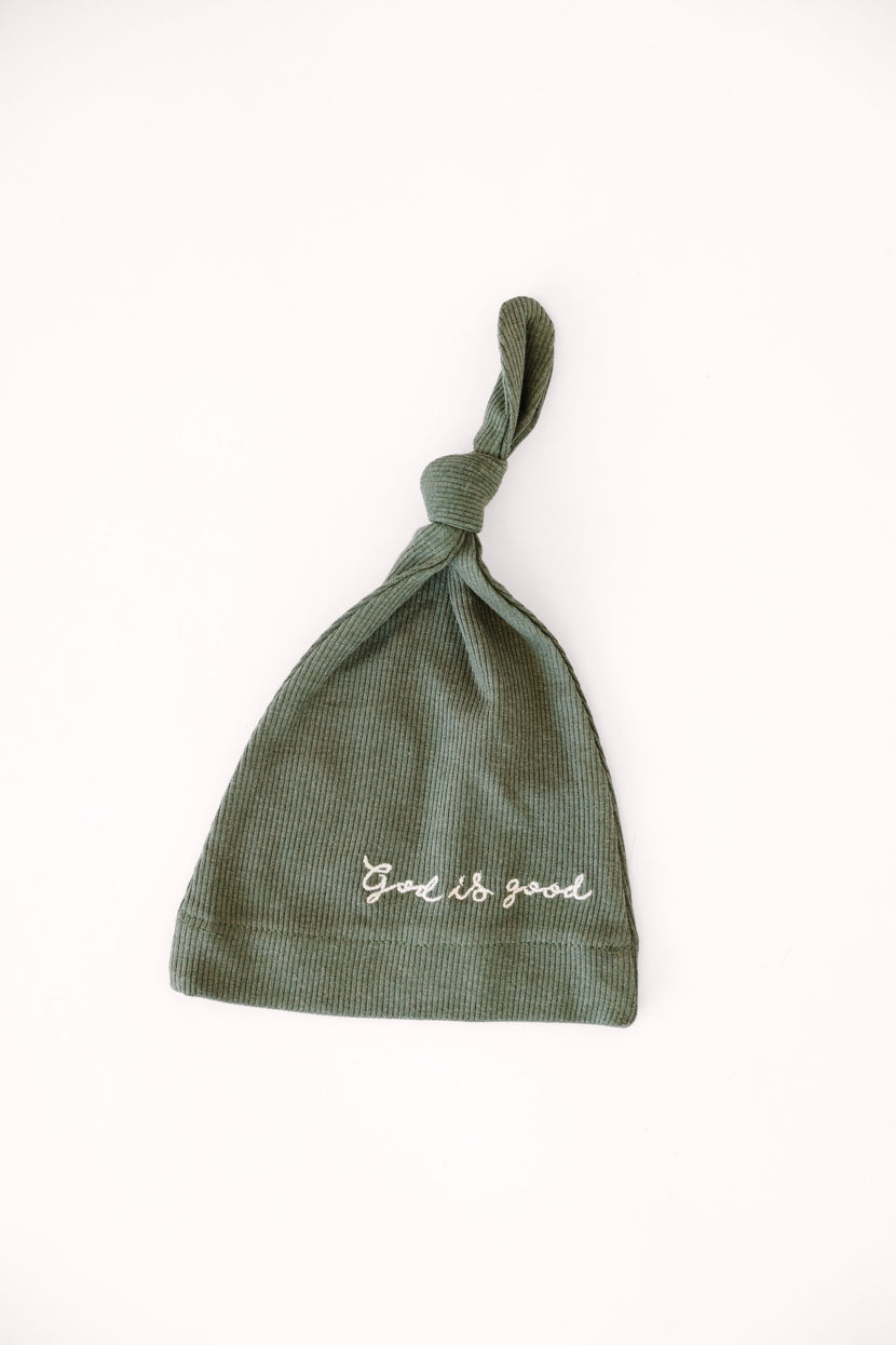 Solid Olive Knotted Hat Ribbed Cotton-Bamboo Blend