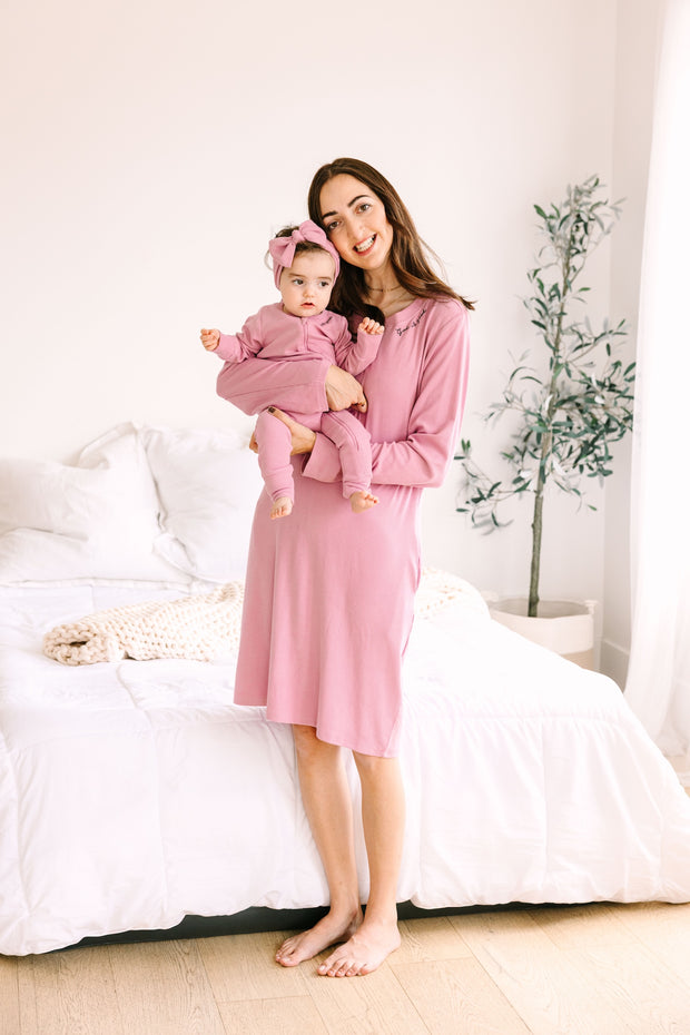 Solid Mauve Womens Nightgown PJ Ribbed Cotton-Bamboo Blend