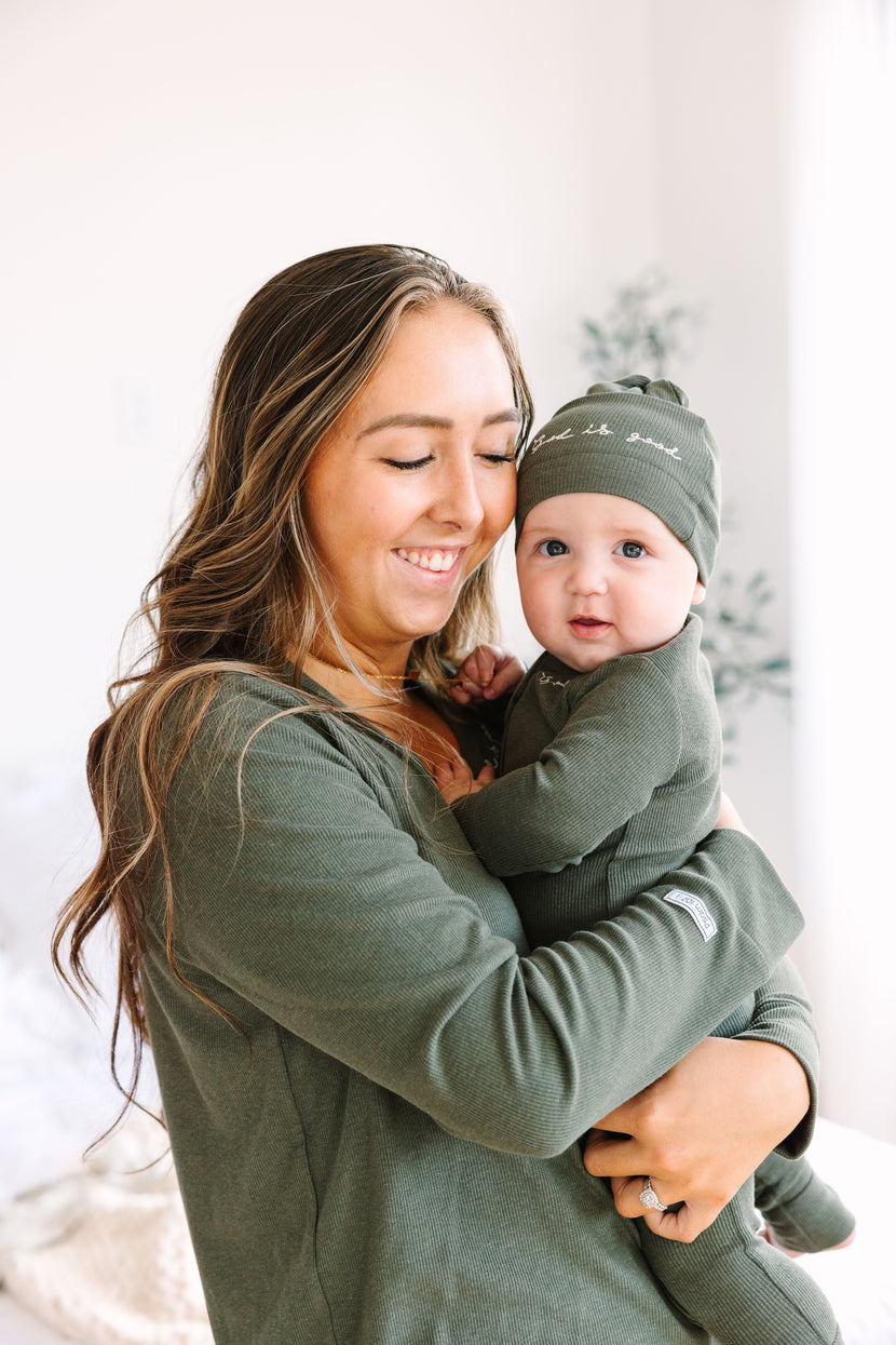 Solid Olive Knotted Hat Ribbed Cotton-Bamboo Blend