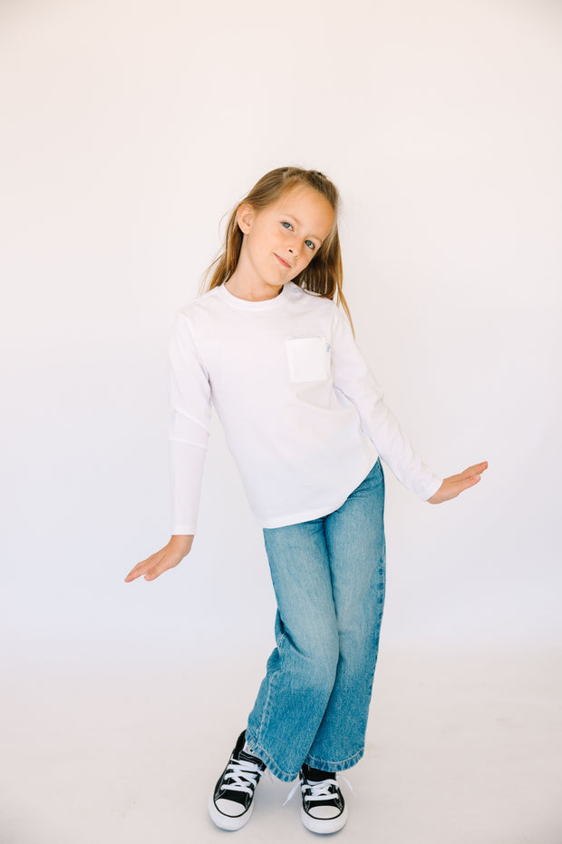Kids White Prayer Pocket T-Shirt | Long Sleeve