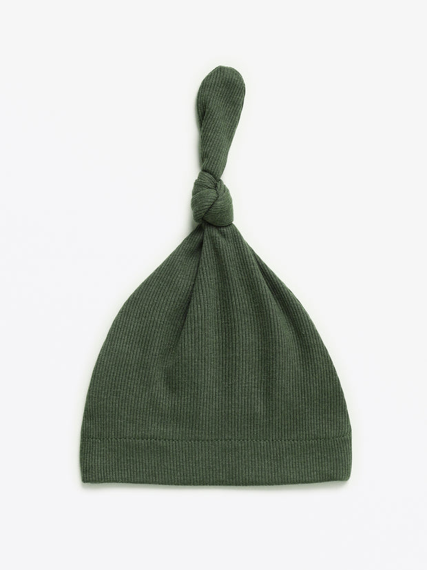 Solid Olive Knotted Hat Ribbed Cotton-Bamboo Blend