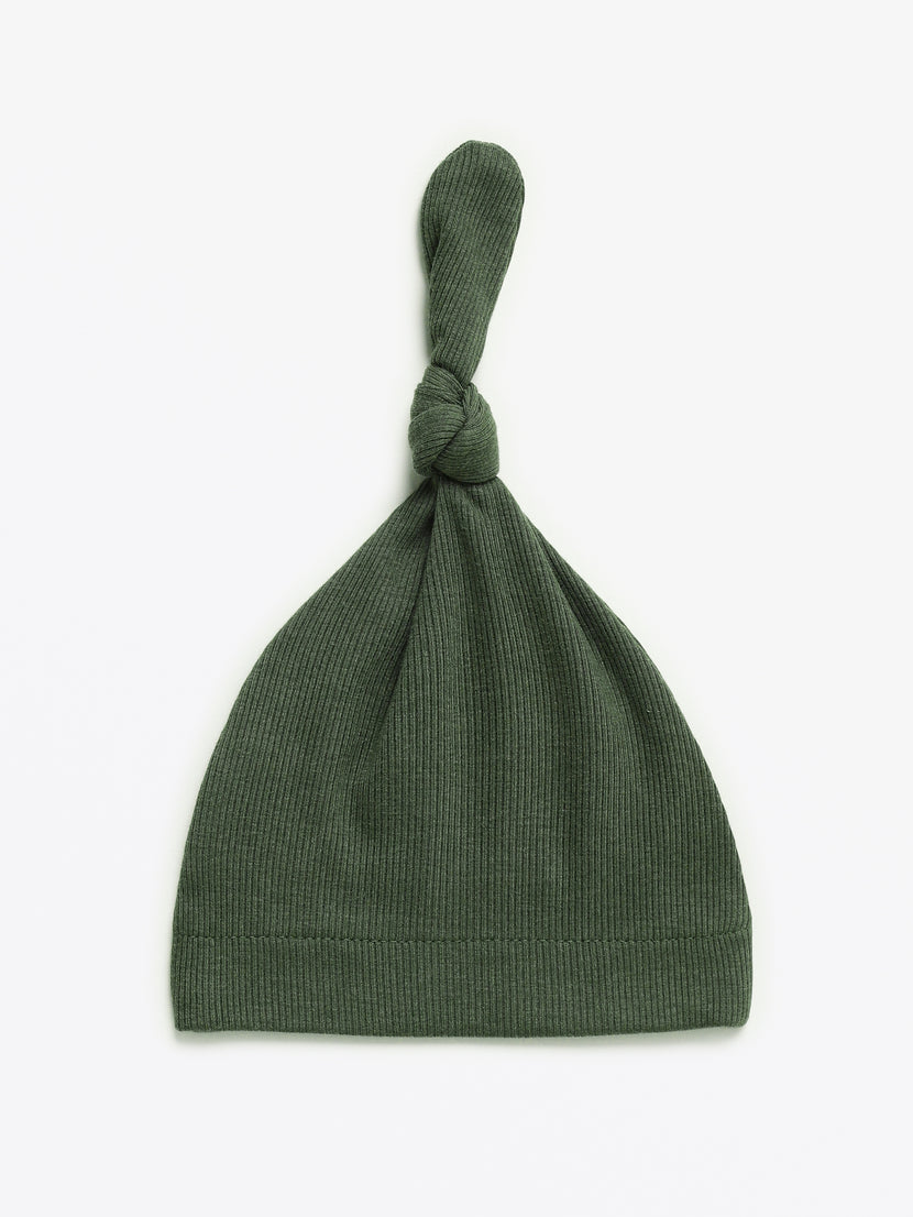 Solid Olive Knotted Hat Ribbed Cotton-Bamboo Blend
