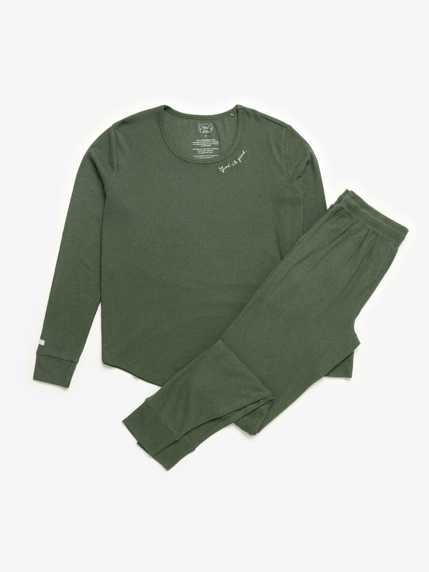 Solid Olive Womens PJ Jogger Set Ribbed Cotton-Bamboo Blend