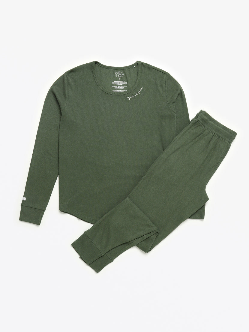 Solid Olive Womens PJ Jogger Set Ribbed Cotton-Bamboo Blend