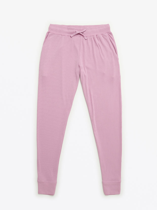 Solid Mauve Womens PJ Jogger Set Ribbed Cotton-Bamboo Blend