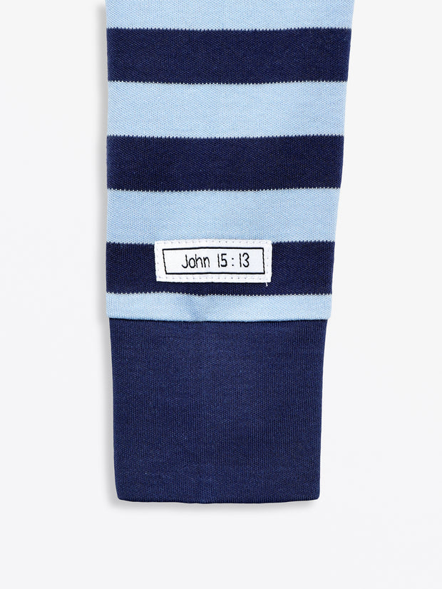 No Greater Love Blue Footless Onesie Cotton