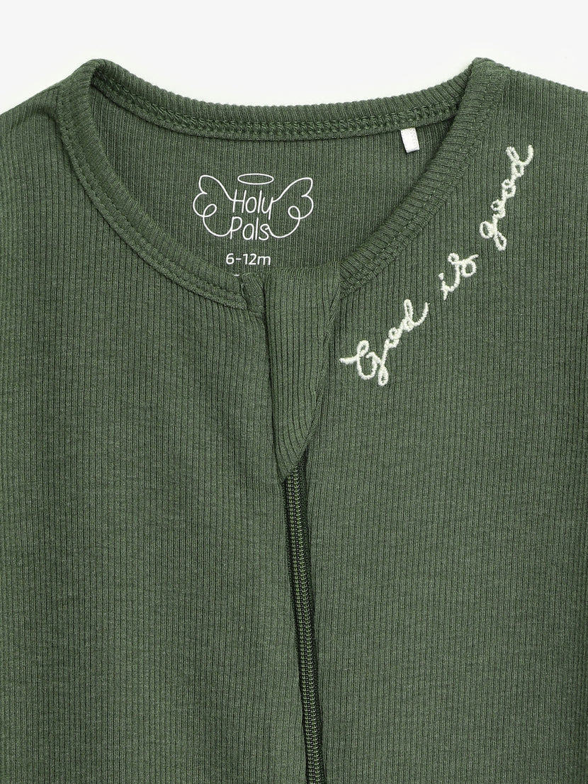 Solid Olive PJ Footed Onesie Ribbed Cotton-Bamboo Blend