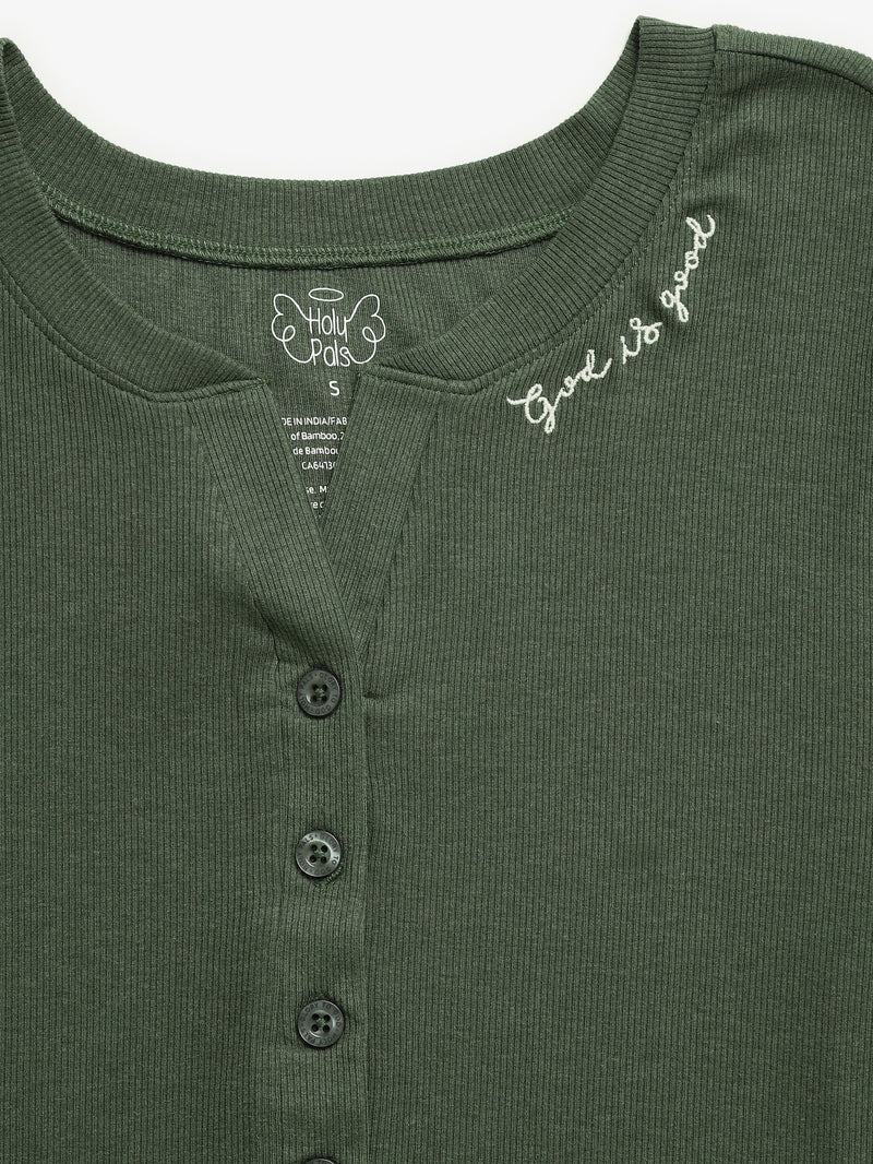 Solid Olive Womens Nightgown PJ Ribbed Cotton/Bamboo Blend