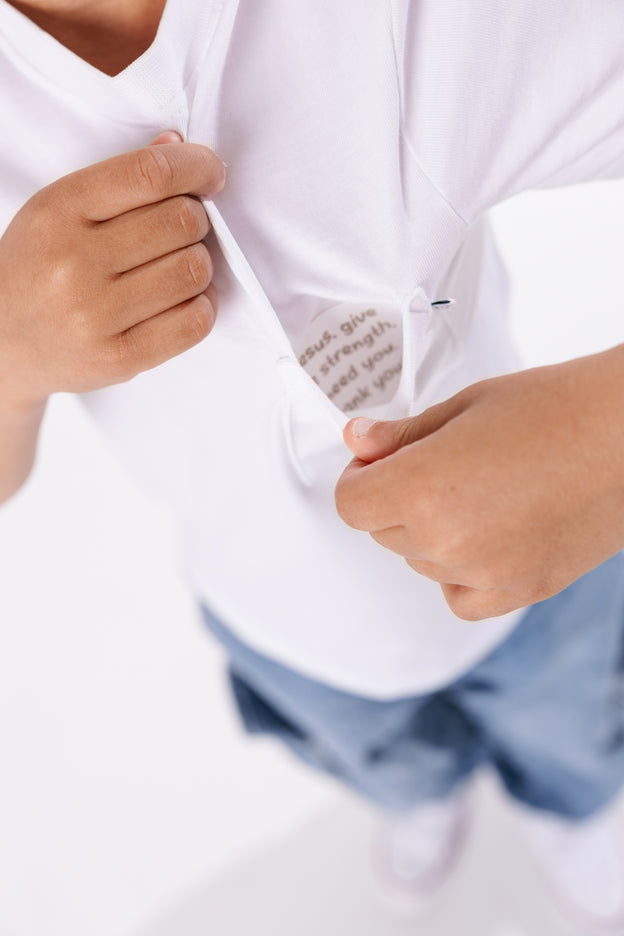 Kids White Prayer Pocket T-Shirt | Short Sleeve