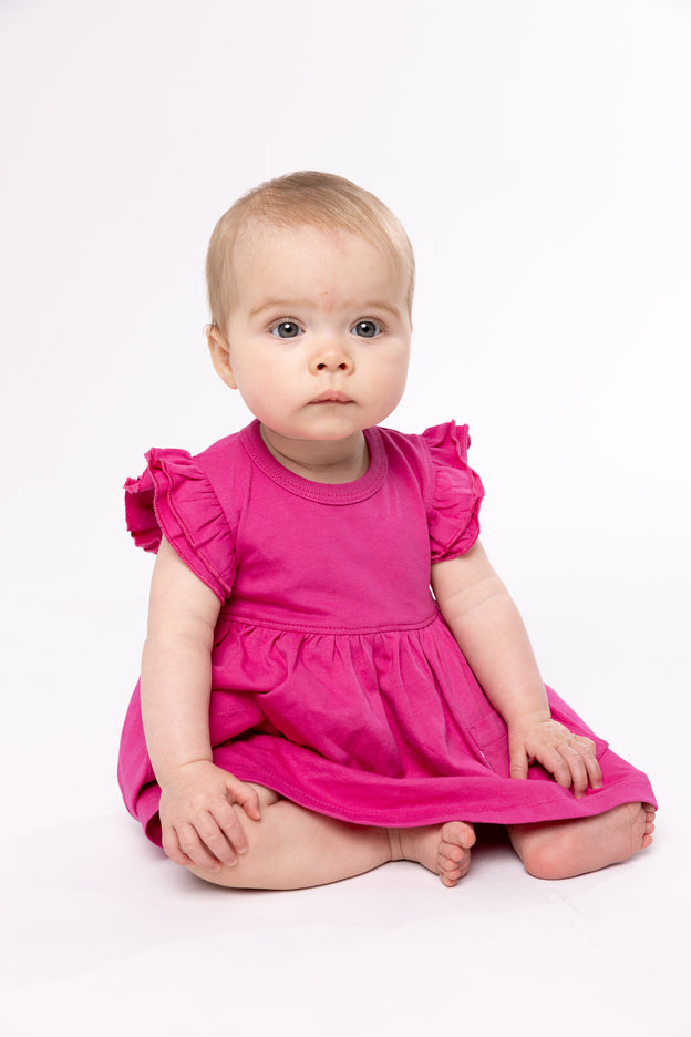 Baby Fuchsia Prayer Pocket Twirl Dress Bodysuit | Short Sleeve
