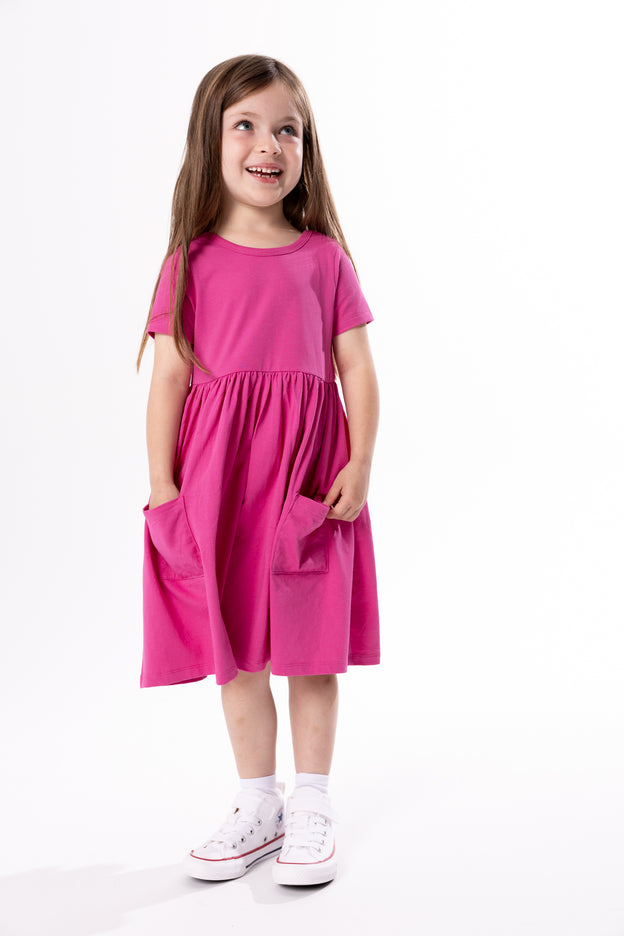 Kids Fuchsia Prayer Pocket Twirl Dress | Short Sleeve