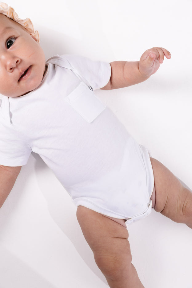 Baby White Prayer Pocket Bodysuit | Short Sleeve