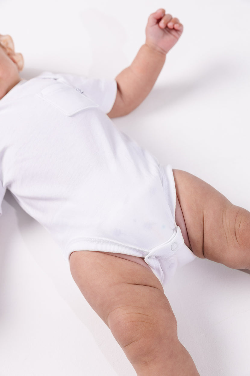 Baby White Prayer Pocket Bodysuit | Short Sleeve