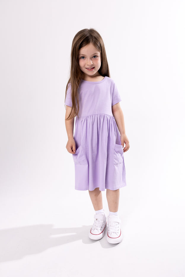 Kids Lilac Prayer Pocket Twirl Dress | Short Sleeve