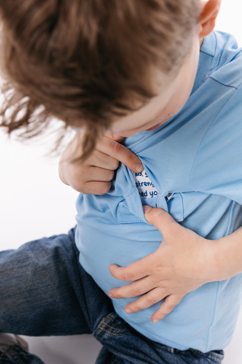 Kids Blue Prayer Pocket T-Shirt | Short Sleeve