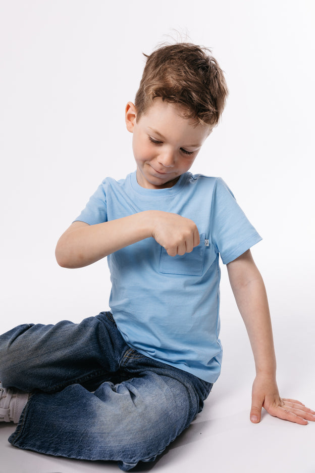 Kids Blue Prayer Pocket T-Shirt | Short Sleeve